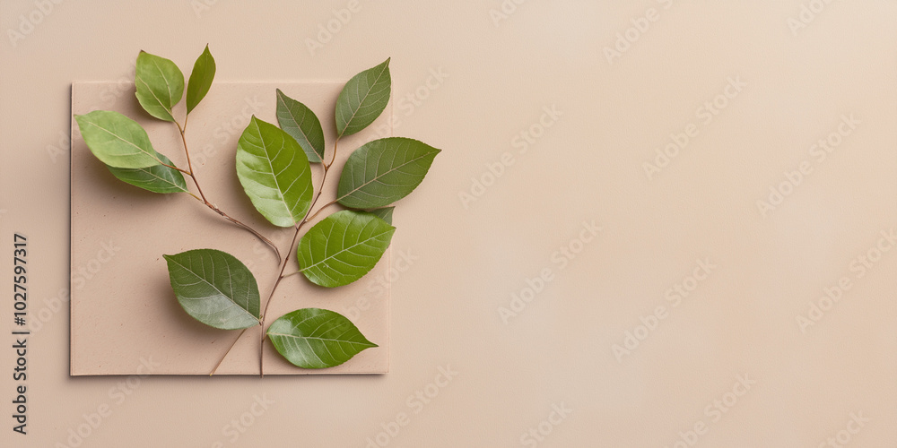 An artistic arrangement of green leaves laid on a beige square panel, showcasing simplicity and elegance, reflecting nature's beauty and tranquility. An artistic arrangement of green leaves laid on a beige square panel, showcasing simplicity and elegance, reflecting nature's beauty and tranquility.