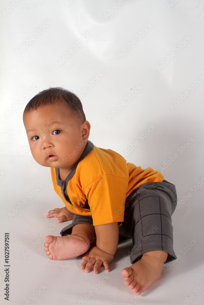 Adorable baby boy sitting and playing on white background
Adorable baby boy sitting and playing on white background
