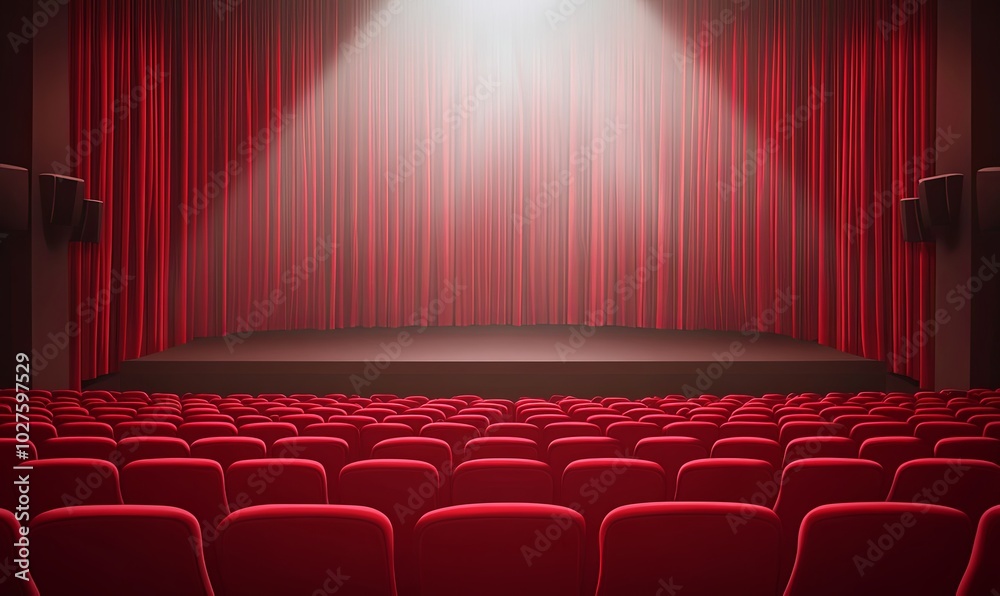 Fototapeta premium An empty theater stage with red curtains and seats, illuminated by a spotlight.