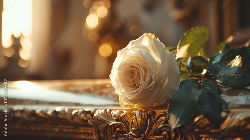 Obraz premium Sunlight filters through a window, illuminating a single white rose on a golden coffin. 