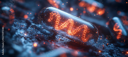 a transparent pill with a double helix inside, surrounded by abstract DNA and medical symbols