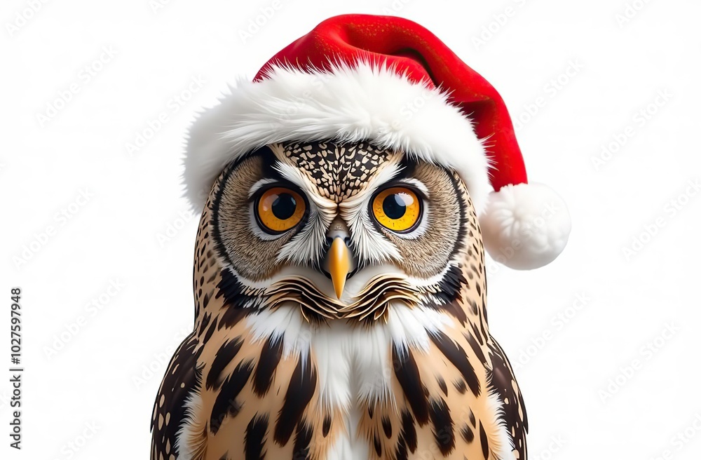 European scops owl, Otus scops, with santa hat. Isolated on white background European scops owl, Otus scops, with santa hat. Isolated on white background