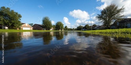 A residential street is flooded with water, reflecting houses and trees under a vivid blue sky, capturing the aftermath of a natural disaster or heavy rain.
