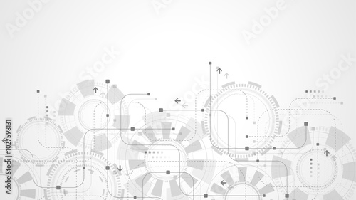 Abstract digital technology background with circuit board texture. Abstract gear wheel mechanism background. Engineering concept for poster, header, banner, website, presentation.