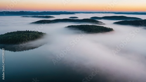 A breathtaking aerial view of islands covered in dense forest, surrounded by thick layers of fog floating over a serene lake. The mist blankets the valleys between the hills, creating a surreal, other