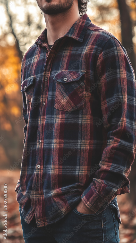 Fototapeta premium Close-up of red and black plaid flannel shirt with buttons.