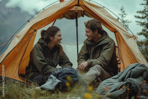 White couple sitting in tent during camping together on summer day. Travel and outdoor recreation. Romantic trip. Outdoor recreation for lovers.