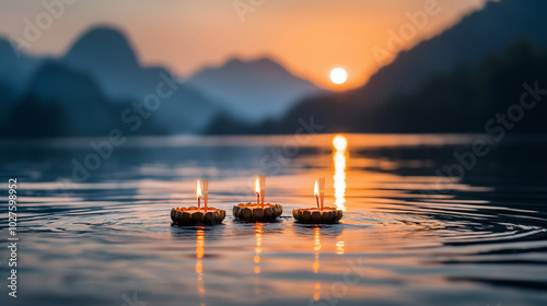 Loy Krathong, Loy Bua, Captivating image of floating candles on still water at sunset, showcasing the serene beauty of nature and tranquil moments in a picturesque landscape.