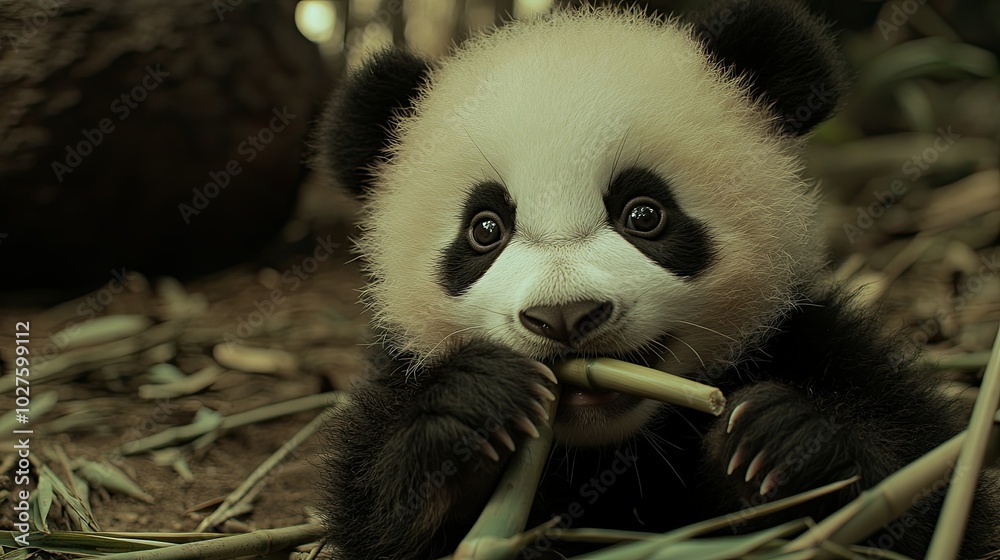Obraz premium A cute baby panda sitting on the ground eating bamboo.