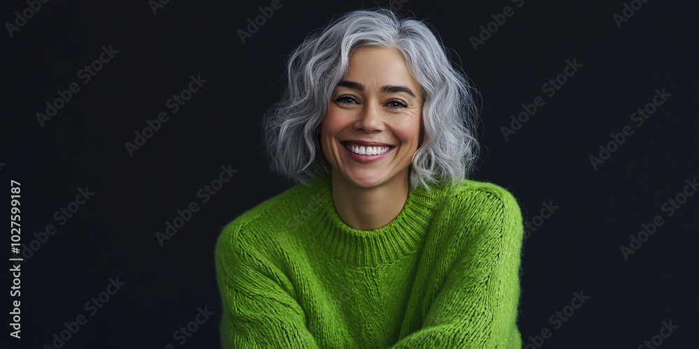 A vibrant portrait of a joyful, gray-haired woman in a bright green sweater. Her wide smile radiates positivity and warmth, against a dark background. A vibrant portrait of a joyful, gray-haired woman in a bright green sweater. Her wide smile radiates positivity and warmth, against a dark background.