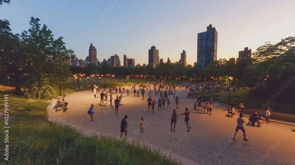 Obraz premium Vibrant Central Park Scene at Sunset with Iconic New York City Skyline