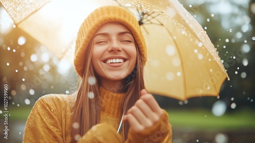 A joyful woman smiles brightly under a yellow umbrella in the rain. Sunlight filters through the raindrops, creating a warm, cheerful atmosphere. photo