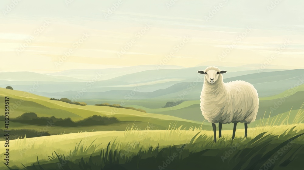 Fototapeta premium Illustration of Sheep Grazing Peacefully in Green Rolling Hills Countryside Landscape 