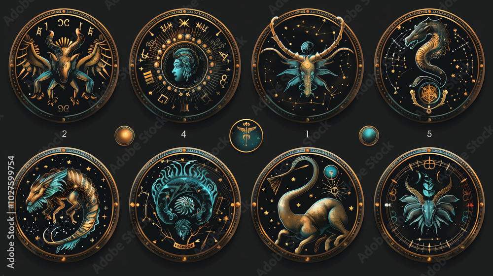 A set of eight different animal faces with a star in the center A set of eight different animal faces with a star in the center