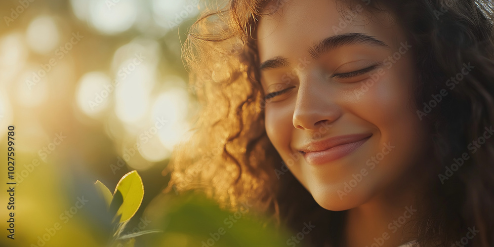A peaceful woman is captured intimately with her eyes closed, surrounded by soft natural light and foliage, evoking serenity, introspection, and mindful existence. A peaceful woman is captured intimately with her eyes closed, surrounded by soft natural light and foliage, evoking serenity, introspection, and mindful existence.