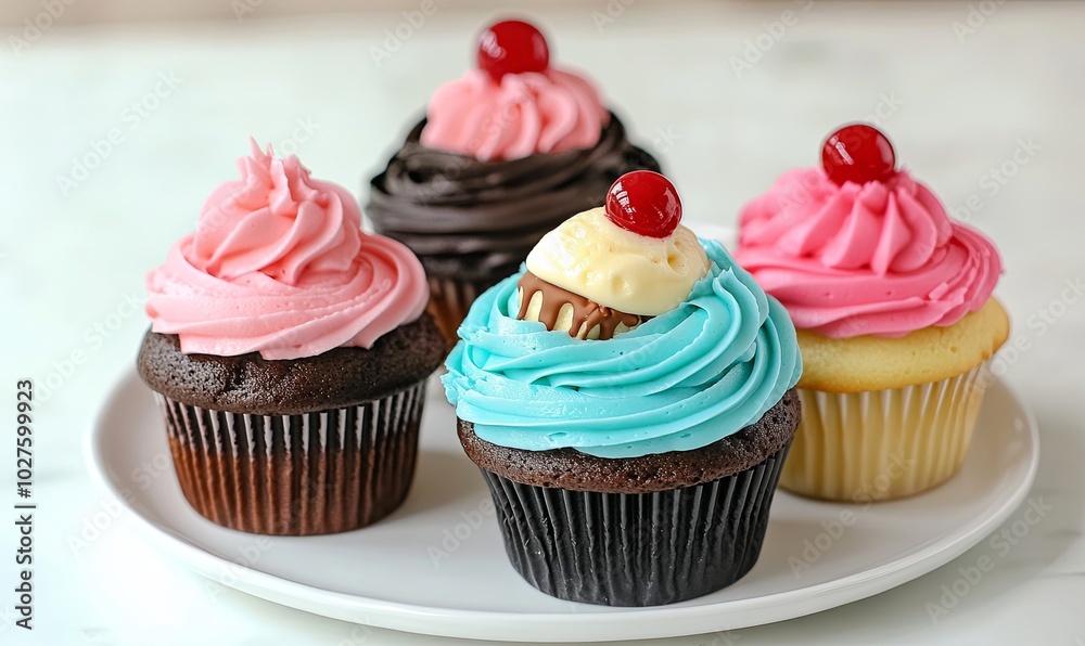 Four colorful cupcakes with different frosting and toppings on a white plate. Four colorful cupcakes with different frosting and toppings on a white plate.
