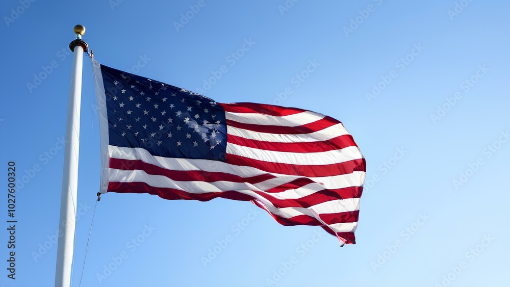 The American flag waves under a bright blue sky, symbolizing freedom and national pride in an outdoor setting. The American flag waves under a bright blue sky, symbolizing freedom and national pride in an outdoor setting.