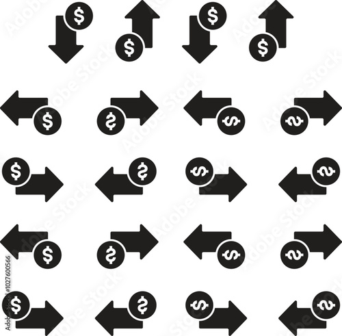 Set of cost symbol dollar increase and decrease icon. Money vector symbol isolated on background