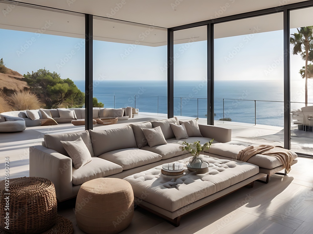 Fototapeta premium Luxury oceanfront property living room with panoramic view and sleek minimalist interior design