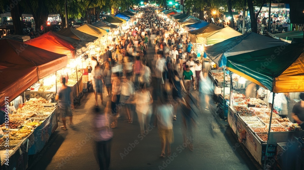 Obraz premium Bustling Night Market: Vibrant Atmosphere and Lively Crowd