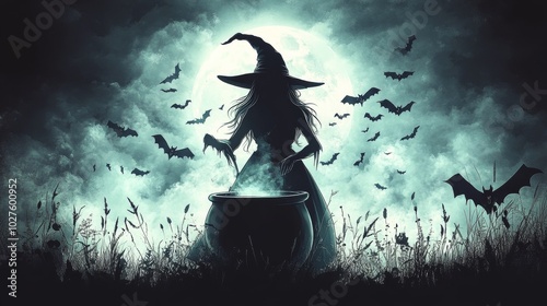 Witch Silhouette Stirring Cauldron Under Moonlight
