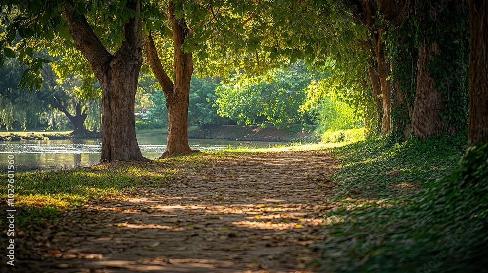 Fototapeta premium A winding path through a lush green park, sunlight filtering through the trees.