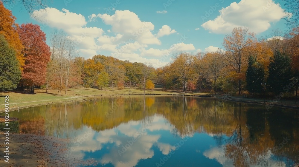 Obraz premium Serene Autumn Landscape with Reflecting Lake and Colorful Foliage