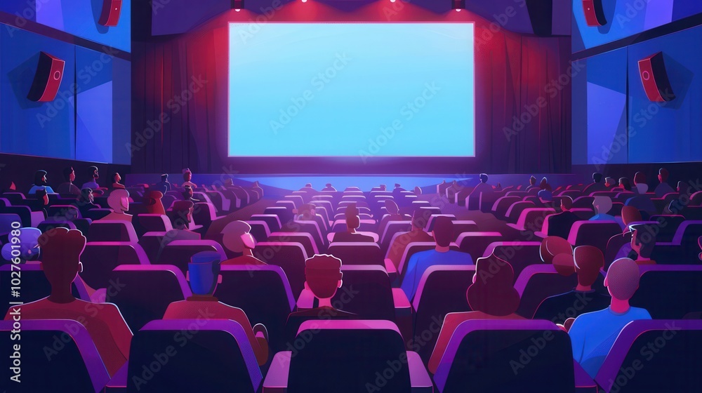 Fototapeta premium Families and friends gather in a cozy theater, enjoying an engaging film on the large screen under vibrant lighting. Generative AI