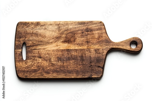 Wooden cutting board with a handle isolated on white background.