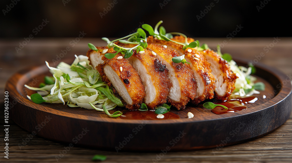 A beautifully presented plate of golden crispy chicken breast slices, garnished with vibrant greens and shredded cabbage, creating an appetizing visual delight. A beautifully presented plate of golden crispy chicken breast slices, garnished with vibrant greens and shredded cabbage, creating an appetizing visual delight.