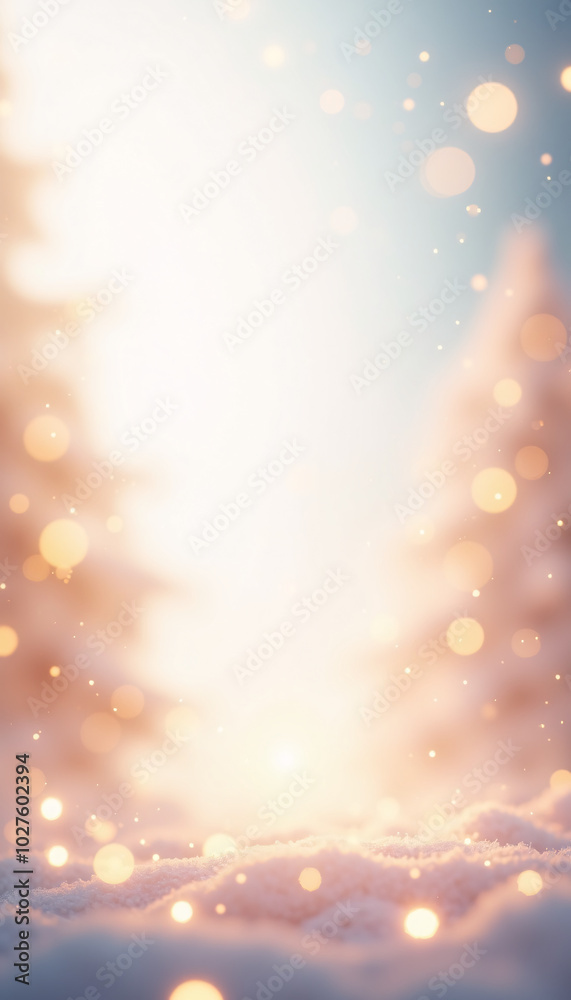 Naklejka premium Blurred background with bokeh and a snowy forest at sunset, festive design, perfect for creating a warm and serene holiday atmosphere.