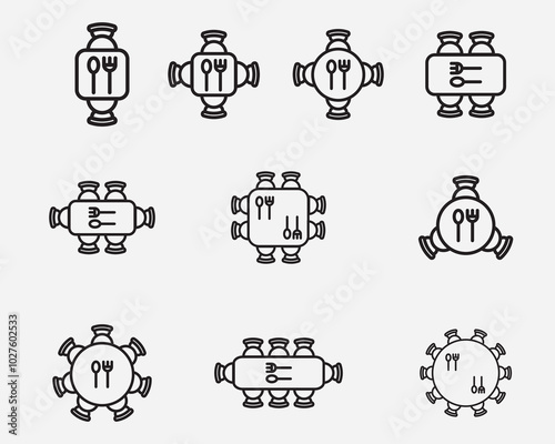set of dinning table size outline icon symbol.restaurant table set vector pictogram isolated on background