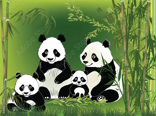 panda family in bamboo plants on green background