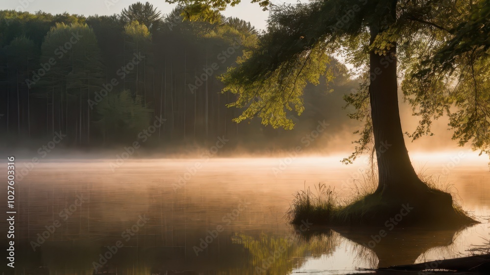 Obraz premium Golden sunlight streaming through trees at a misty lake during early morning, creating a soft and warm glow. A beautiful and tranquil lakeside view at dawn