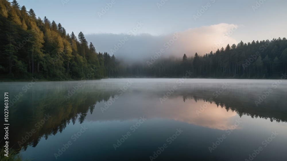 Fototapeta premium A peaceful morning at a calm lake surrounded by a dense forest, with mist covering the water and soft morning light reflecting off the surface. A tranquil and atmospheric nature scene