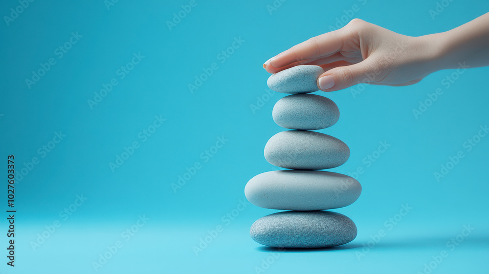 woman's hand stacking on blue background woman's hand stacking on blue background