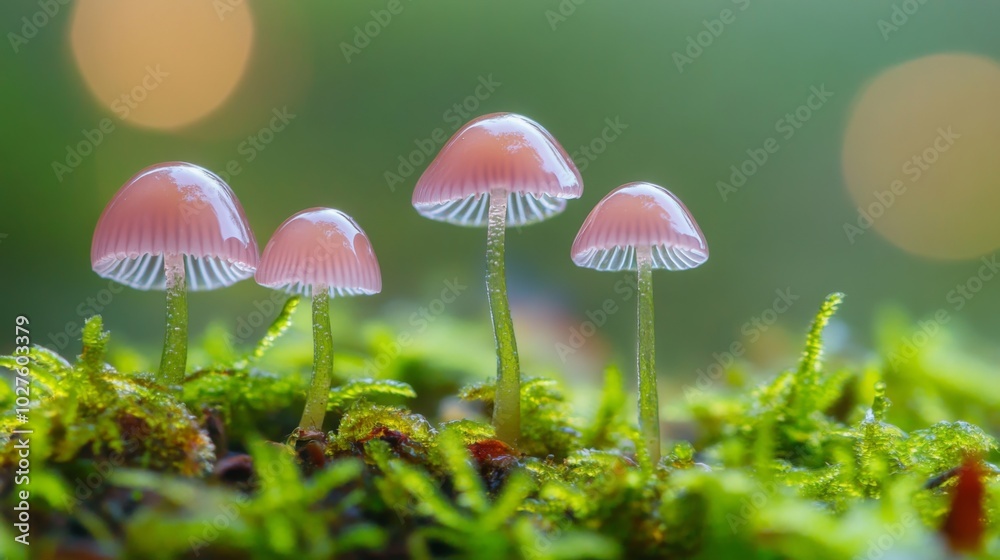 Delicate Pink Mushrooms on Soft Green Moss Delicate Pink Mushrooms on Soft Green Moss
