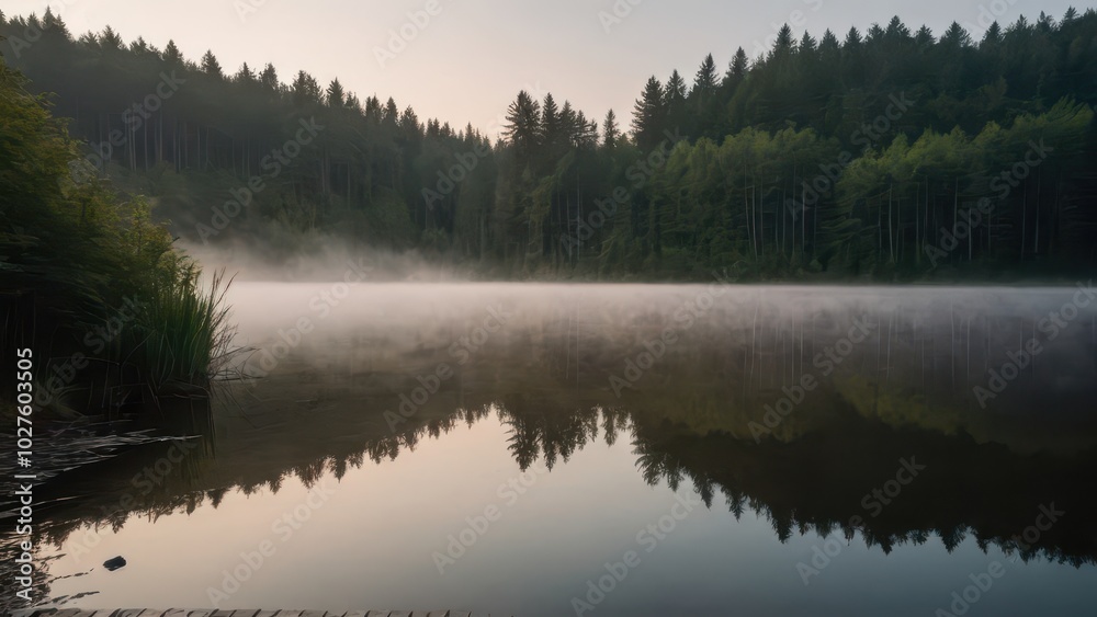 Obraz premium A peaceful morning at a calm lake surrounded by a dense forest, with mist covering the water and soft morning light reflecting off the surface. A tranquil and atmospheric nature scene