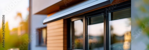 Modern house exterior with large window and wooden siding. photo