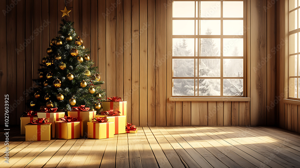 In the room have realistic group of gold gift box on the ground, christmas tree with gold christmas ball behide the gold gift box In the room have realistic group of gold gift box on the ground, christmas tree with gold christmas ball behide the gold gift box