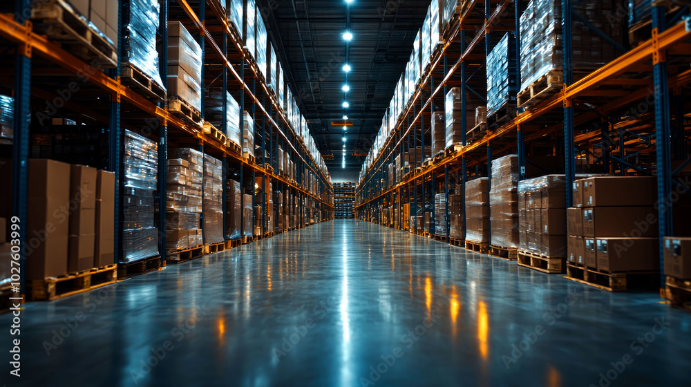 Fototapeta premium Warehouse interior with stacked boxes on shelves.
