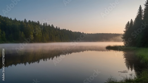 A peaceful morning at a calm lake surrounded by a dense forest, with mist covering the water and soft morning light reflecting off the surface. A tranquil and atmospheric nature scene