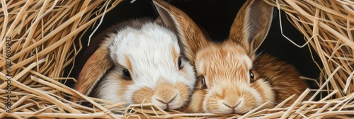 Two cute bunnies snuggled in a nest of hay.