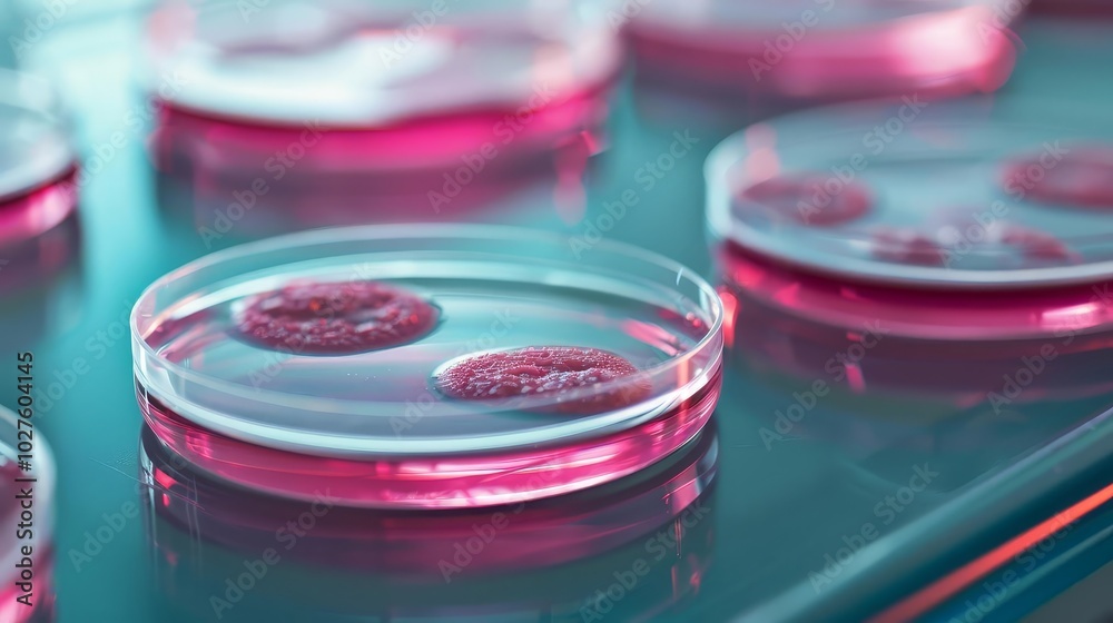 Closeup of petri dishes with pink agar medium and red cell cultures for scientific research. Closeup of petri dishes with pink agar medium and red cell cultures for scientific research.