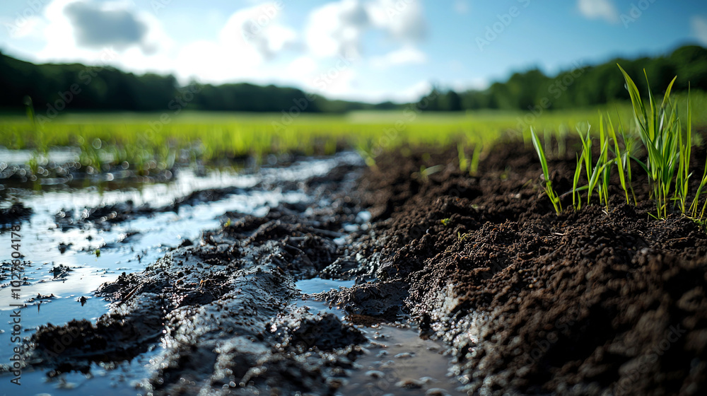 Wet soil with emerging rice plants under blue sky. Wet soil with emerging rice plants under blue sky.