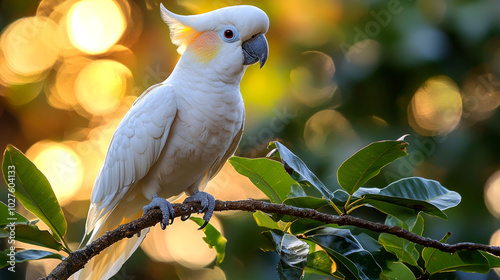 White cockatoo perched on a branch with bokeh.