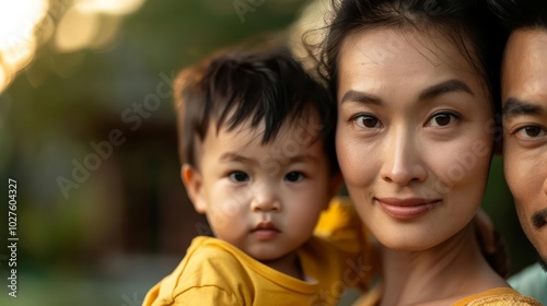 Happy Asian family portrait with a young child.