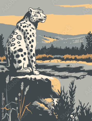 vintage flat design poster of a snow leopard predator in a mountainous forest with a close-up view and a lake in the background, abstract minimalist silhouette with muted colors, nature travel art, 2D