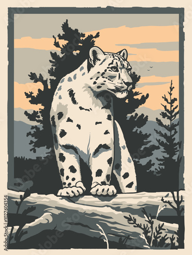 vintage flat design poster of a snow leopard predator in a mountainous forest with a close-up view and a lake in the background, abstract minimalist silhouette with muted colors, nature travel art, 2D