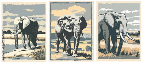 vintage flat design poster of an african elephant walking on dry land in a national park, abstract minimalist silhouette with muted colors, nature travel art, 2D vector landscape of savanna wildlife